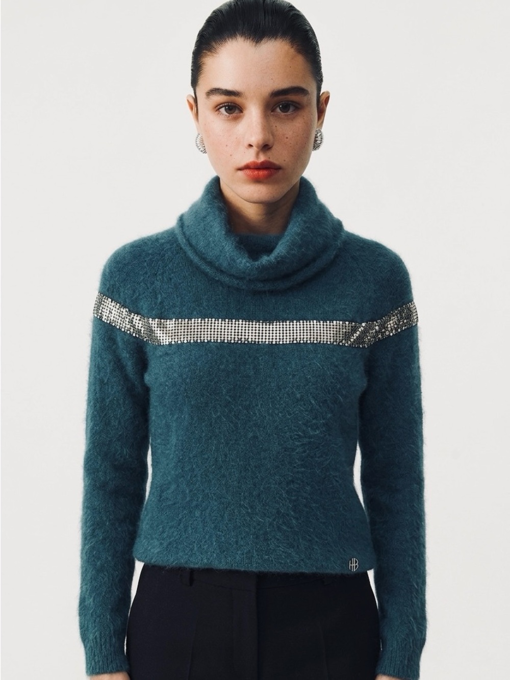 NWT Pierre Balmain Teal Cowl Neck Sweater with Metallic Accent